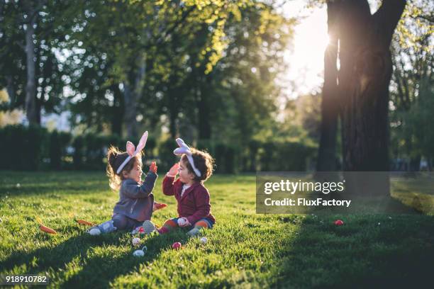 jouer dans le parc pendant les vacances - bunny eggs photos et images de collection