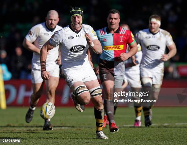 James Gaskell of Wasps during the Aviva Premiership match between Harlequins and Wasps at Twickenham Stoop on February 11, 2018 in London, England.