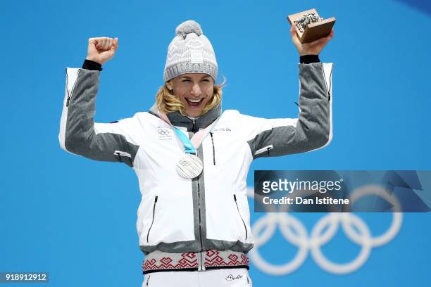 Silver medalist Anastasiya Kuzmina of Slovakia celebrates during the Medal Ceremony for Biathlon - Women's 15km Individual on day seven of the...