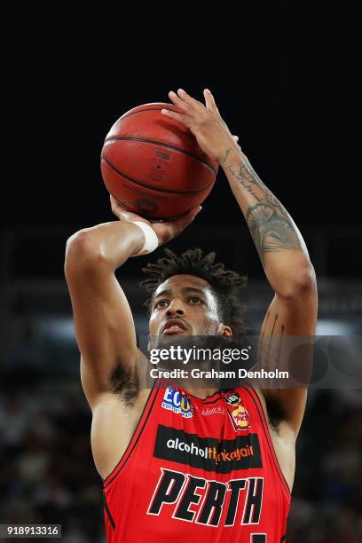 Jean-Pierre Tokoto of the Wildcats shoots during the round 19 NBL match between Melbourne United and the Perth Wildcats at Hisense Arena on February...