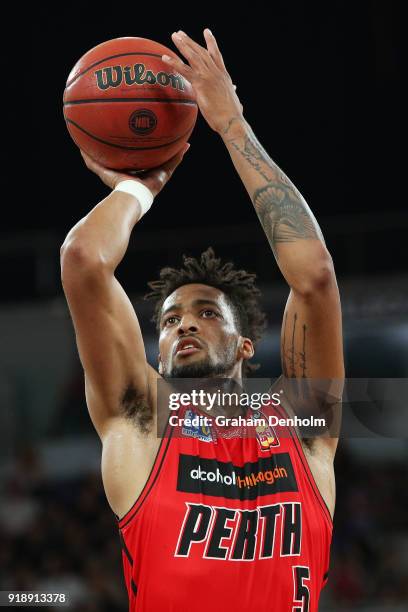 Jean-Pierre Tokoto of the Wildcats shoots during the round 19 NBL match between Melbourne United and the Perth Wildcats at Hisense Arena on February...