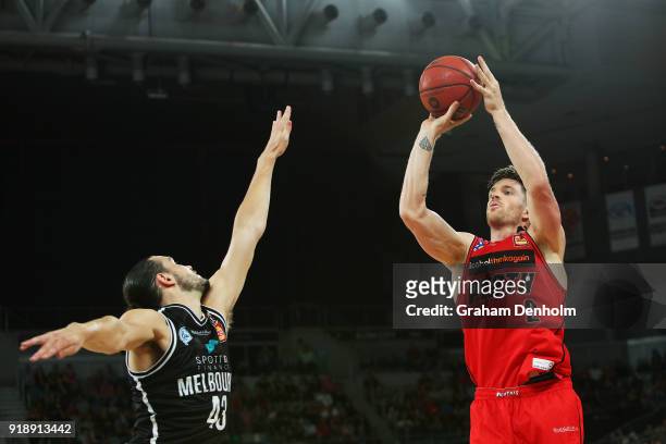 Lucas Walker of the Wildcats shoots during the round 19 NBL match between Melbourne United and the Perth Wildcats at Hisense Arena on February 16,...