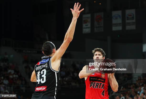 Greg Hire of the Wildcats looks to pass during the round 19 NBL match between Melbourne United and the Perth Wildcats at Hisense Arena on February...