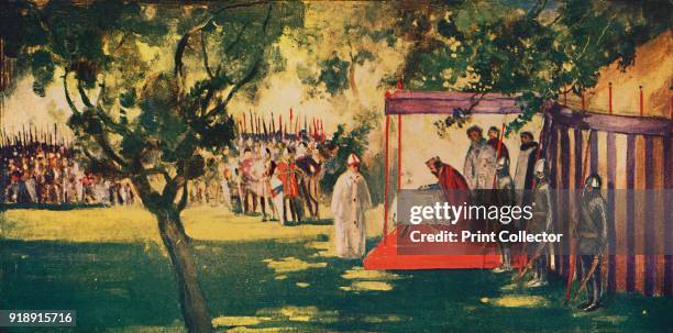 'King John signing Magna Charta at Runnydale', 1912. The Magna Carta was a charter agreed to by King John of England at Runnymede, near Windsor, on...