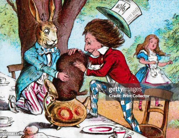 'The Mad Hatter and the March Hare trying to put the Dormouse into a teapot', c1910. From Alice in Wonderland, by Lewis Carroll. [W. Butcher & Sons,...