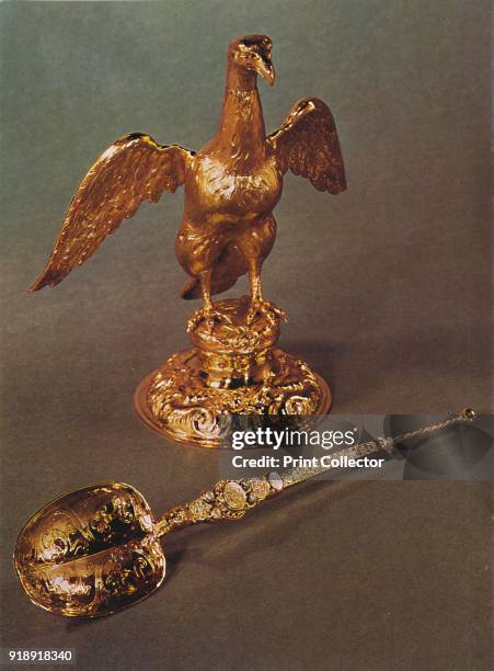 'Ampulla and Spoon', 1953. The pieces are part of the Royal Collection at the Tower of London. From The Crown Jewels, by Martin Holmes FSA. [Her...