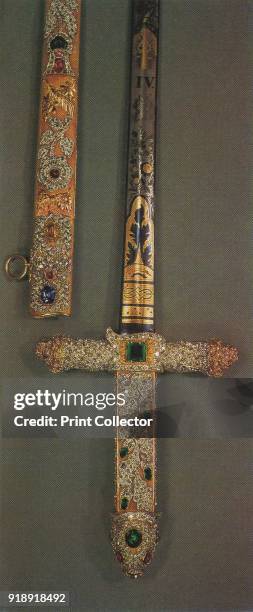 'Hilt and scabbard of the Jewelled State Sword', 1953. The piece was commissioned in 1820 for the coronation of George IV and is now part of the...