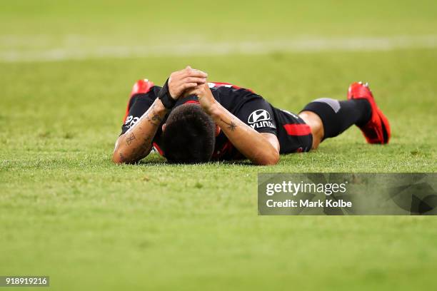 Alvaro Cejudo of the Wanderers looks dejected after a missed shot on goal during the round 20 A-League match between the Western Sydney Wanderers and...