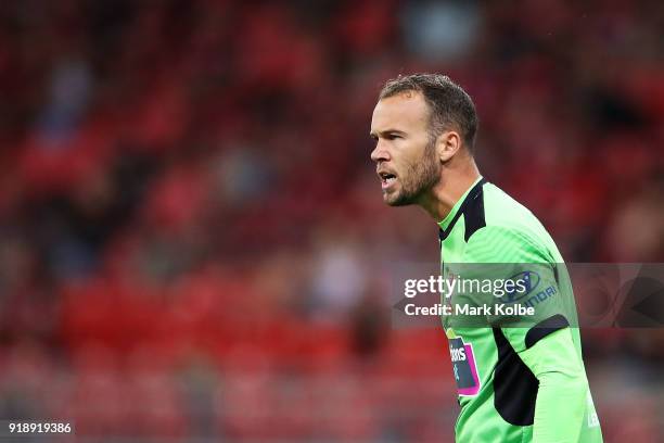 Jack Duncan of the Jets celebrates making a save during the round 20 A-League match between the Western Sydney Wanderers and the Newcastle;e Jets at...