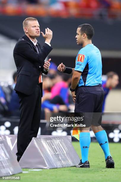 Wanderers head coach Josep Gombau makes his point to the assistant referee after a goal was scored but later was disallowed by the VAR during the...