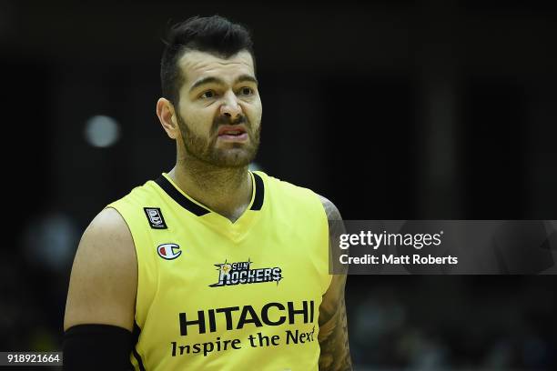 Josh Harrellson of the Sunrockers looks on during the B.League match between Sunrockers Shibuya and Ryukyu Golden Kings at Aoyama Gakuin University...