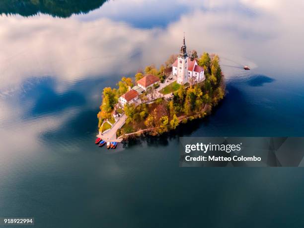 aerial drone view of bled island in autumn, slovenia - eslovenia fotografías e imágenes de stock