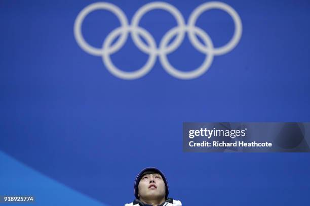 Gold medalist Sungbin Yun of Korea stands on stage during the Medal Ceremony for Skeleton - Men on day seven of the PyeongChang 2018 Winter Olympic...