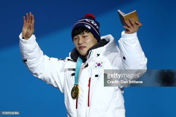 Gold medalist Sungbin Yun of Korea celebrates during the Medal Ceremony for Skeleton - Men on day seven of the PyeongChang 2018 Winter Olympic Games...
