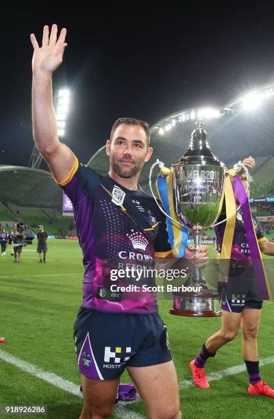 Cameron Smith and the Storm celebrate with the World Club Challenge Cup during the World Club Challenge match between the Melbourne Storm and the...