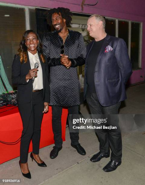 Nicole Dickerson, Amare Stoudemire, and Eric Shiner attends Amare Stoudemire hosts ART OF THE GAME art show presented by Sotheby's and Joseph Gross...