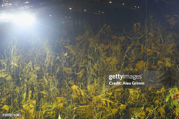 Fans of Dortmund cheer for their team during UEFA Europa League Round of 32 match between Borussia Dortmund and Atalanta Bergamo at the Signal Iduna...