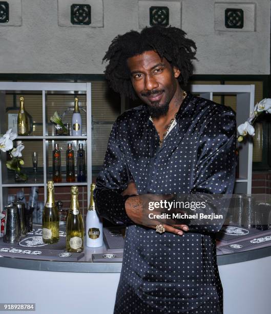 Amare Stoudemire with Belaire at Amare Stoudemire hosts ART OF THE GAME art show presented by Sotheby's and Joseph Gross Gallery on February 15, 2018...