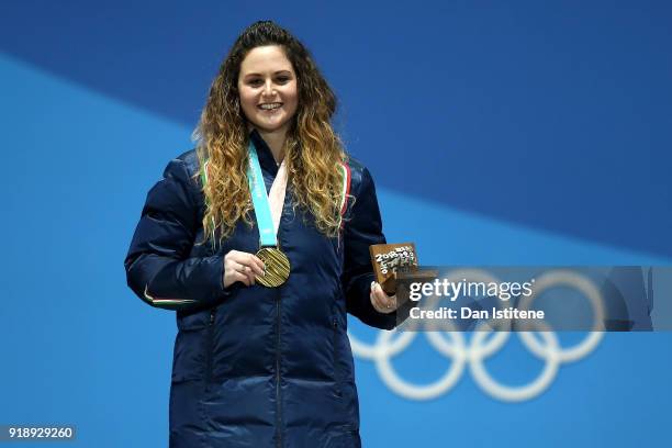 Gold medalist Michela Moioli of Italy celebrates during the Medal Ceremony for Ladies' Snowboard Cross on day seven of the PyeongChang 2018 Winter...