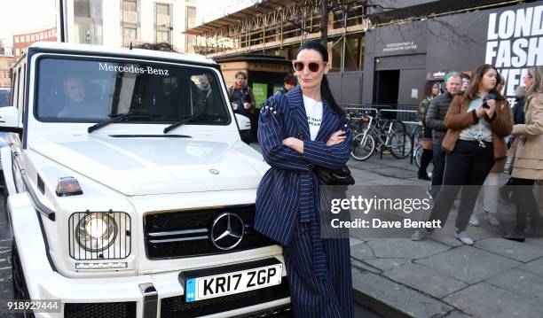 Erin O'Connor arrives to the opening ceremony of London Fashion Week at 180 The Strand on February 16, 2018 in London, England. Mercedes-Benz will...
