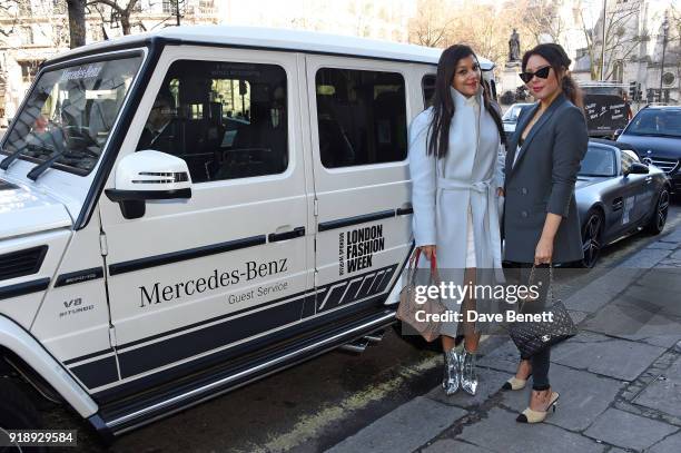 Bonnie Rakhit and Lorna Andrews arrive to the opening ceremony of London Fashion Week at 180 The Strand on February 16, 2018 in London, England....