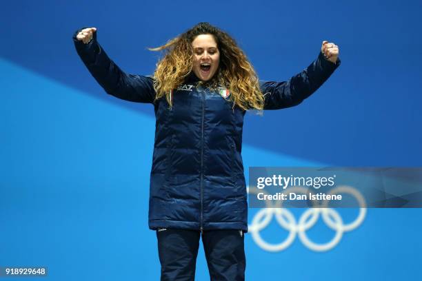 Gold medalist Michela Moioli of Italy celebrates during the Medal Ceremony for Ladies' Snowboard Cross on day seven of the PyeongChang 2018 Winter...