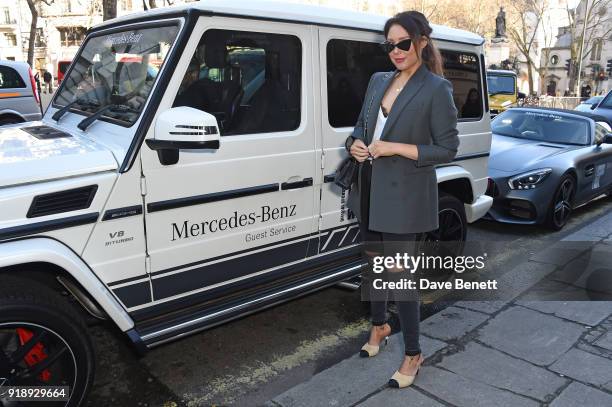 Lorna Andrews arrives to the opening ceremony of London Fashion Week at 180 The Strand on February 16, 2018 in London, England. Mercedes-Benz will...