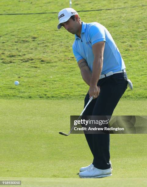 Andrea Pavan of Italy chips up on to the 16th green during the second round of the NBO Oman Open at Al Mouj Golf on February 16, 2018 in Muscat, Oman.