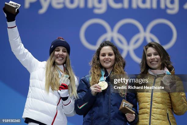 Silver medalist Julia Pereira de Sousa Mabileau of France, gold medalist Michela Moioli of Italy and bronze medalist Eva Samkova of Czech Republic...