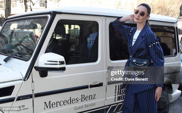 Erin O'Connor arrives to the opening ceremony of London Fashion Week at 180 The Strand on February 16, 2018 in London, England. Mercedes-Benz will...