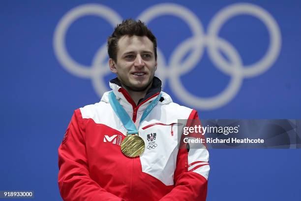 Gold medalist Matthias Mayer of Austria celebrates during the Medal Ceremony for Alpine Skiing - Men's Super-G on day seven of the PyeongChang 2018...