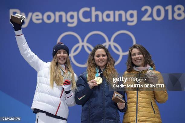 France's silver medallist Julia Pereira de Sousa Mabileau, Italy's gold medallist Michela Moioli and Czech Republic's bronze medallist Eva Samkova...