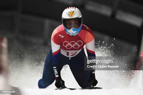 Katie Uhlaender of the United States slides into the finish area during the Women's Skeleton heat one at Olympic Sliding Centre on February 16, 2018...