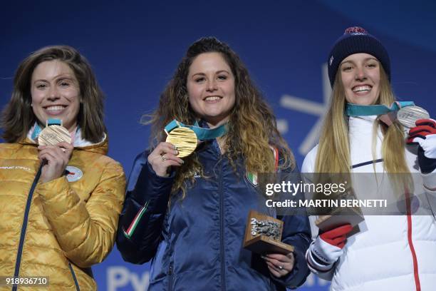 Czech Republic's bronze medallist Eva Samkova, Italy's gold medallist Michela Moioli and France's silver medallist Julia Pereira de Sousa Mabileau...