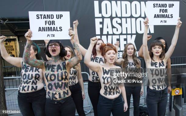 Animal rights group PETA protest outside the entrance to London fashion week on February 16, 2018 in London, England.