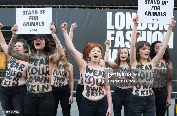 Animal rights group PETA protest outside the entrance to London fashion week on February 16, 2018 in London, England.