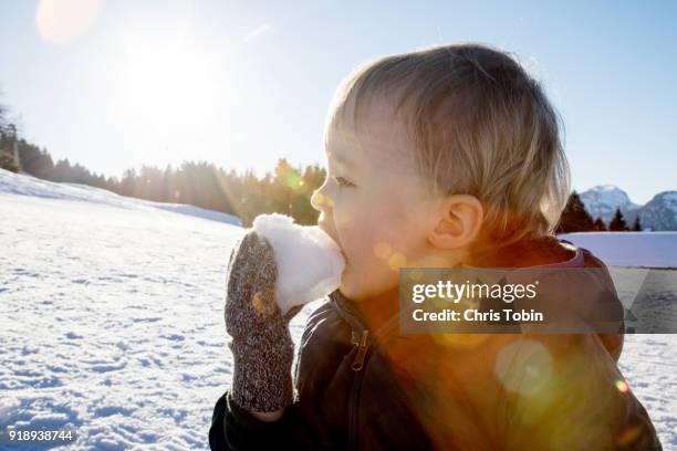 young boy eating snow close up with big lens flare - portrait lens flare stock pictures, royalty-free photos & images