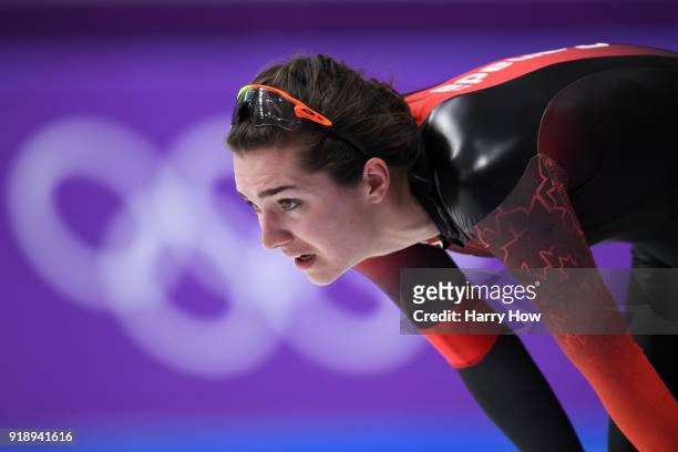 Isabelle Weidemann of Canada reacts after her race during the Ladies' Speed Skating 5000m on day seven of the PyeongChang 2018 Winter Olympic Games...