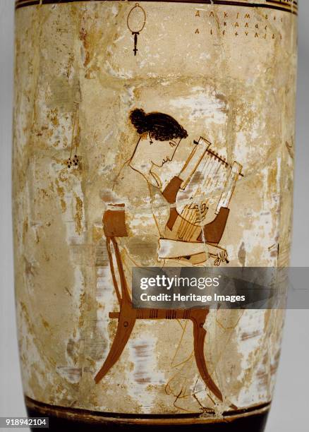 Attic white-ground lekythos with image of women musicians, 5th century BC. Red-figure lekythos; depiction of women musicians, attributed to the...