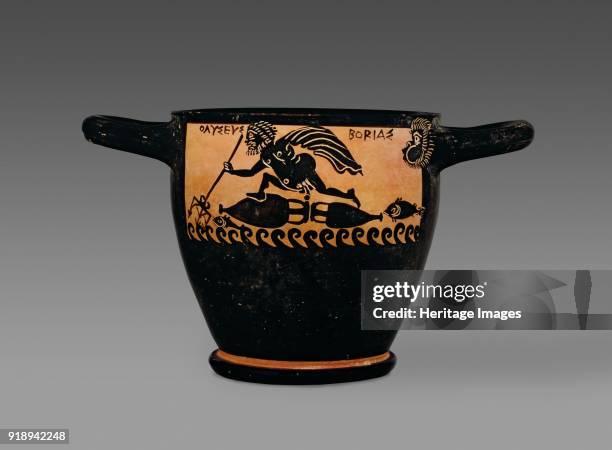 Boetian black-figure skyphos depicting Odysseus at sea and with Circe, 4th century BC. Boeotian black-figure pottery drinking vessel; Odysseus at...