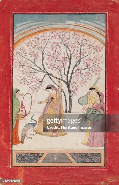 Lady on terrace with tree branch, with peacock, maid, and two musicians, late 18th-early 19th century. Dimensions: height x width: mount 55.3 x 40.1...
