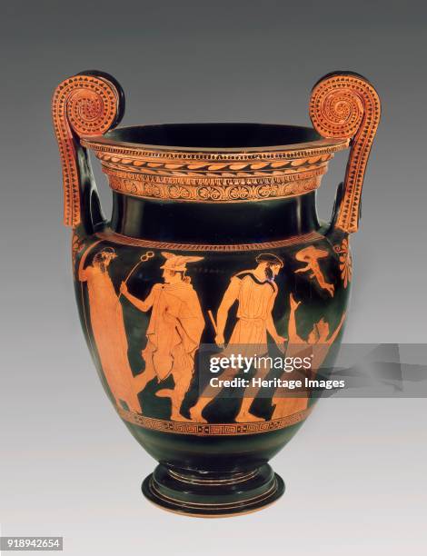 Attic red-figure volute-crater depicting the birth of Pandora with Zeus, Hermes and Epimetheus present and a youth chasing a woman, 5th century BC....