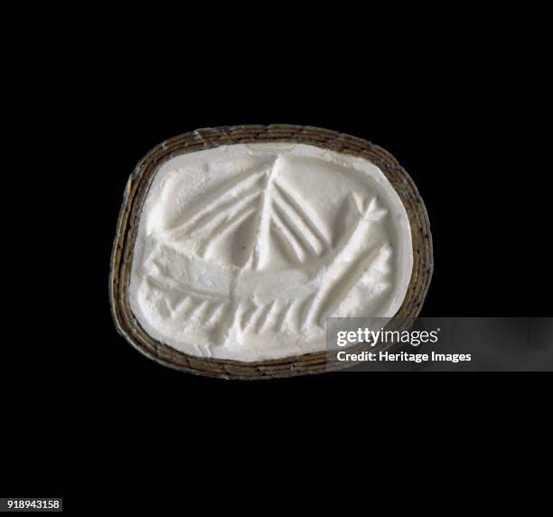 Seal, Middle Minoan I Period, . Three-sided prism seal; a ship with blunt bows, a high trefoil stern, one mast and six stays; a boar with muzzle to...