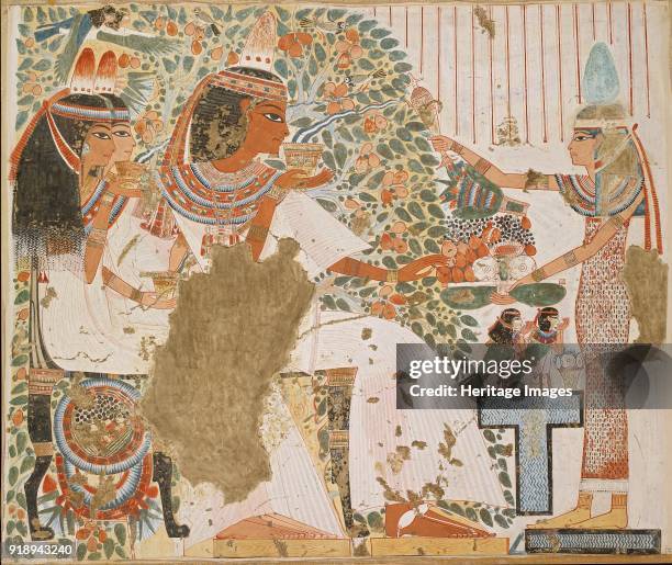 Copy of wall painting, private tomb 51 of Userhet, Thebes, deceased with wife and mother under tree, 20th century. Framed.