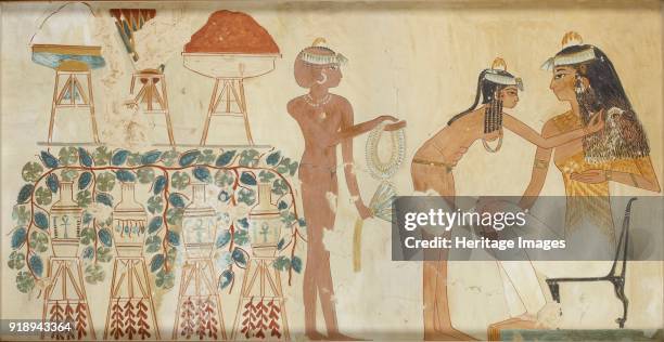 Copy of wall painting from private tomb 38 of Djeserkeresonb, Thebes woman performing toilet, 20th century. Mounted on card.