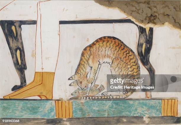 Copy of wall painting from private tomb 52 of Nakht, Thebes cat eating fish, 20th century. Framed.