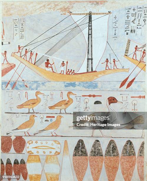 Copy of wall painting from a private tomb of Kaemankh, , Giza, boat, birds and jars, 20th century. Framed.