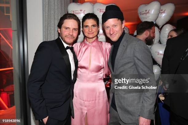 Daniel Bruehl and his girlfriend Felicitas Rombold and Maxim Mehmet during the Berlin Opening Night by GALA and UFA Fiction at Das Stue on February...