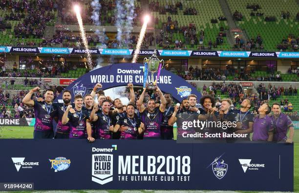 Cameron Smith and the Storm celebrate with the World Club Challenge Cup during the World Club Challenge match between the Melbourne Storm and the...