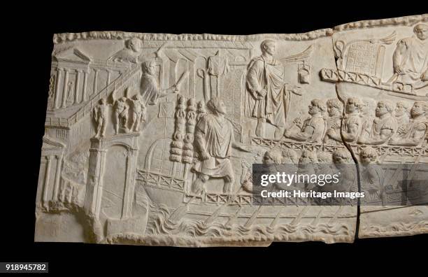 One of a set of reliefs from Trajan?s column , Rome, 113. Trajan and fleet leaving Ancona, 113. Column decorated with spiral reliefs , supporting a...